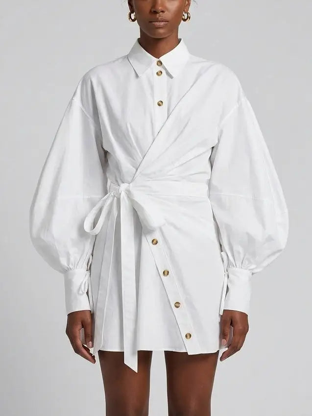 White Wrap Shirt Dress with Balloon Sleeves - Dresses