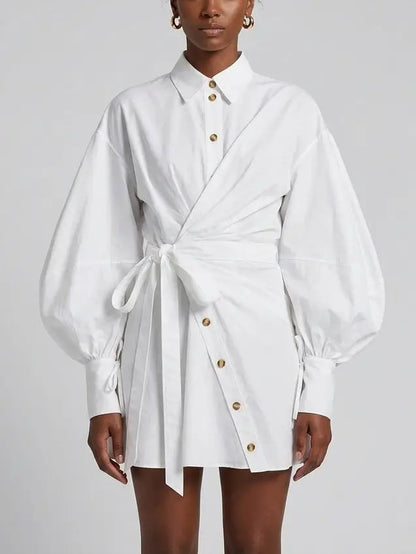 White Wrap Shirt Dress with Balloon Sleeves - Dresses