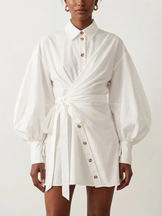White Wrap Shirt Dress with Balloon Sleeves - S - Dresses