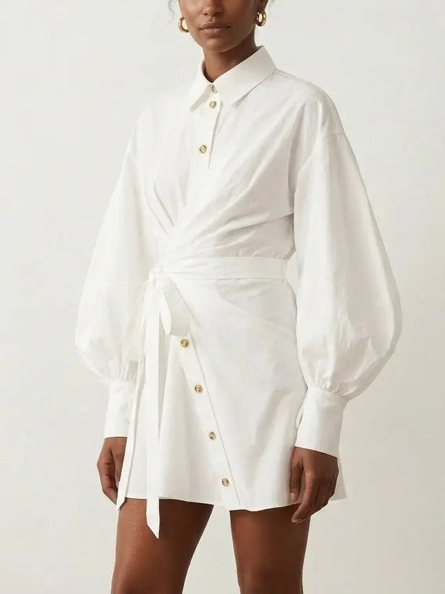 White Wrap Shirt Dress with Balloon Sleeves - Dresses