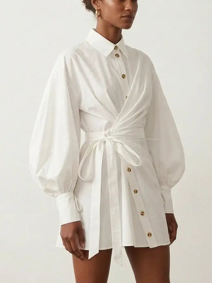 White Wrap Shirt Dress with Balloon Sleeves - Dresses