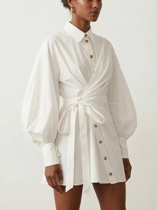 White Wrap Shirt Dress with Balloon Sleeves - Dresses