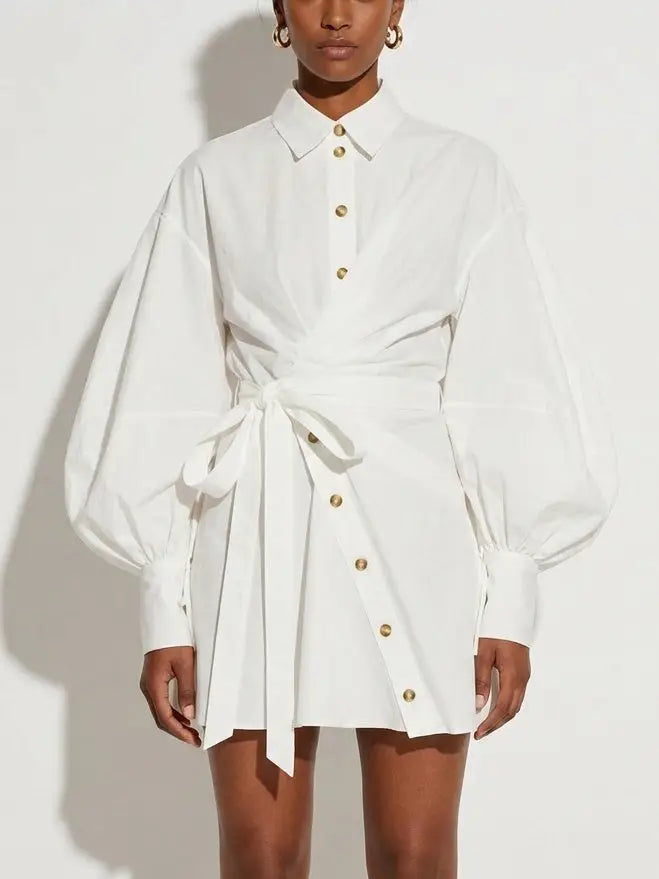 White Wrap Shirt Dress with Balloon Sleeves - Dresses