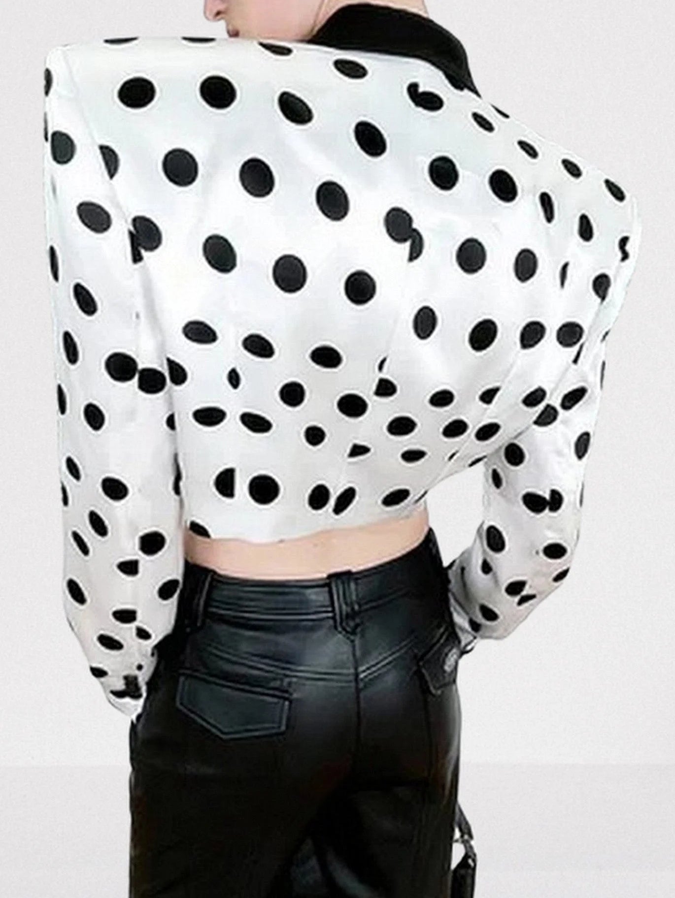 White and Black Polka Dot Cropped Blazer Jackets