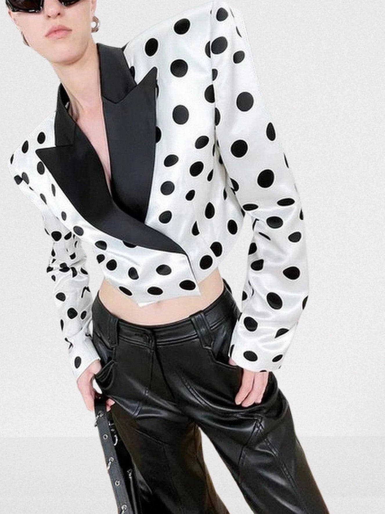 White and Black Polka Dot Cropped Blazer Jackets