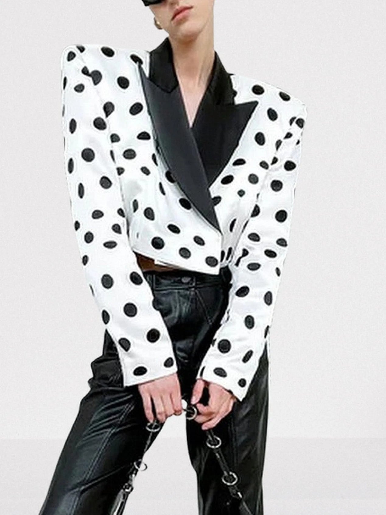 White and Black Polka Dot Cropped Blazer Jackets