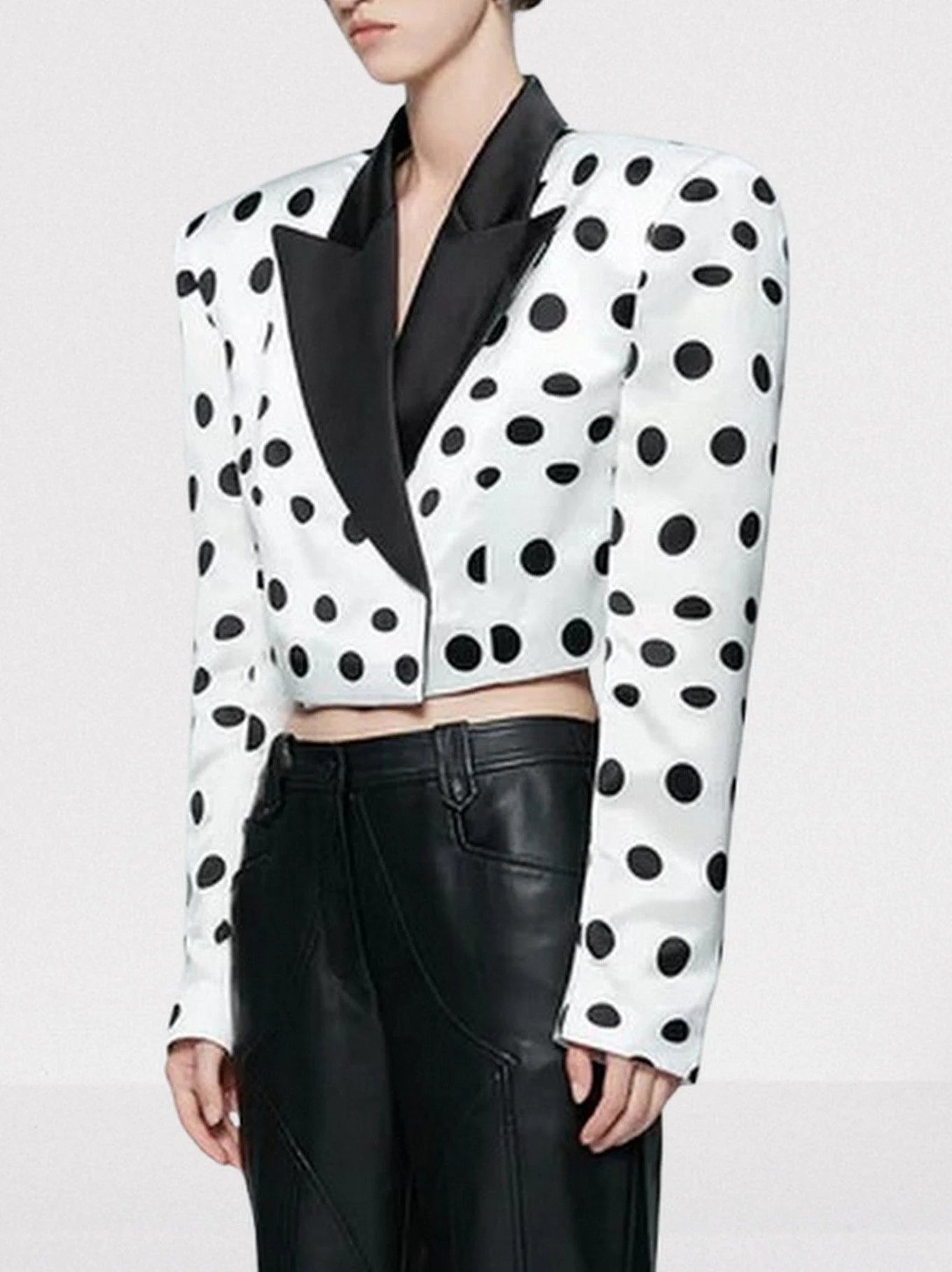 White and Black Polka Dot Cropped Blazer Jackets