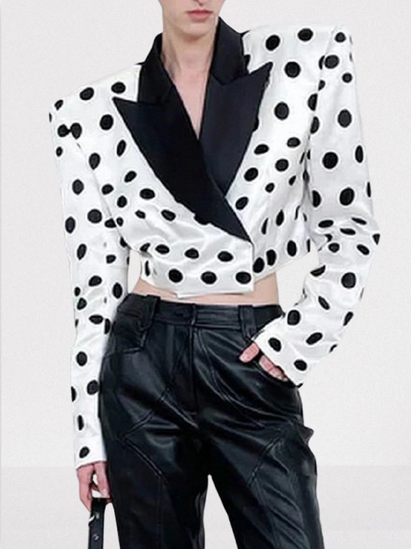 White and Black Polka Dot Cropped Blazer Jackets