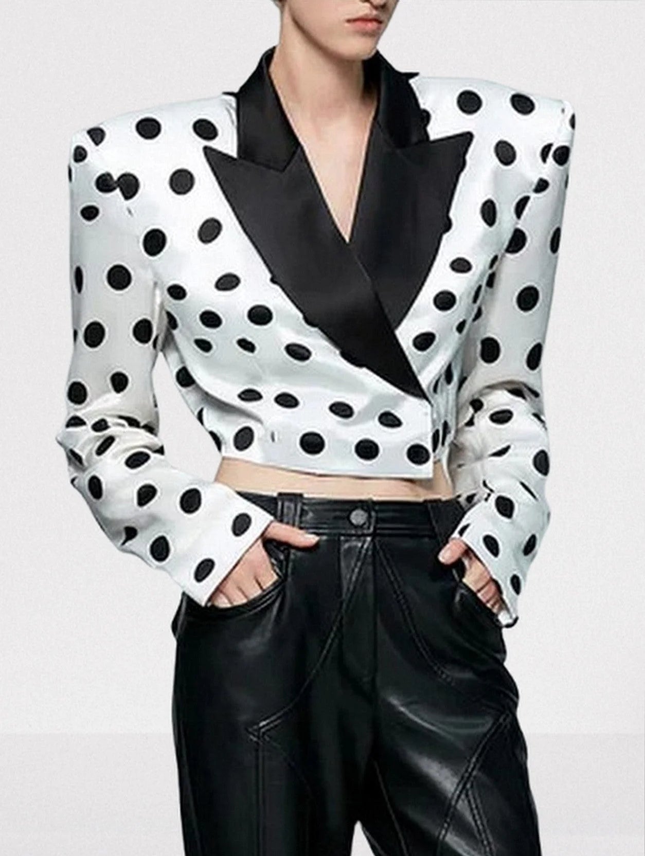 White and Black Polka Dot Cropped Blazer Jackets