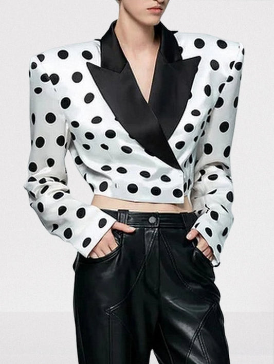 White and Black Polka Dot Cropped Blazer Jackets