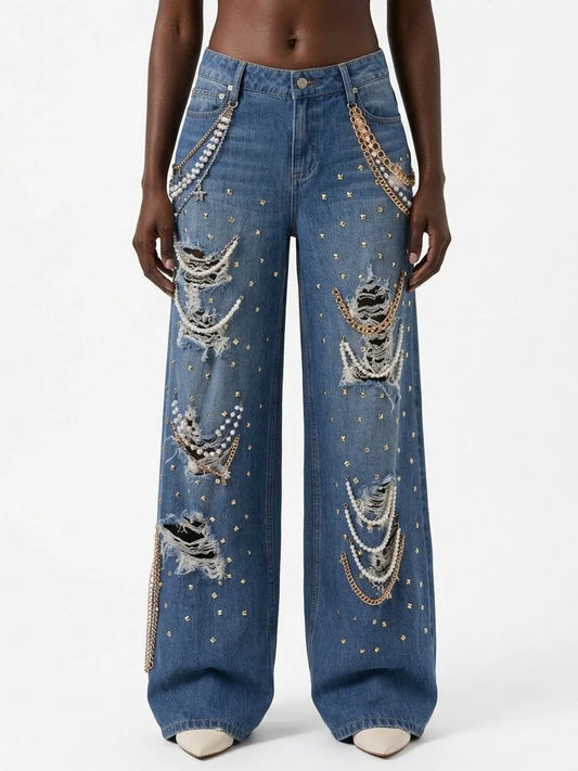 Wide Leg Distressed Jeans with Pearl and Chain Details - 24 - Jeans & Pants