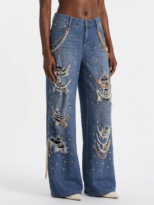Wide Leg Distressed Jeans with Pearl and Chain Details - Jeans & Pants