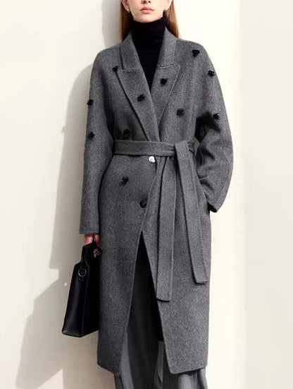 Women's Appliqued Belted Wool Coat in Gray Branna Couture