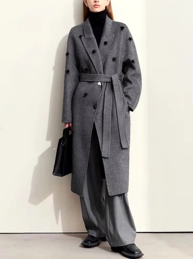 Women's Appliqued Belted Wool Coat in Gray Branna Couture