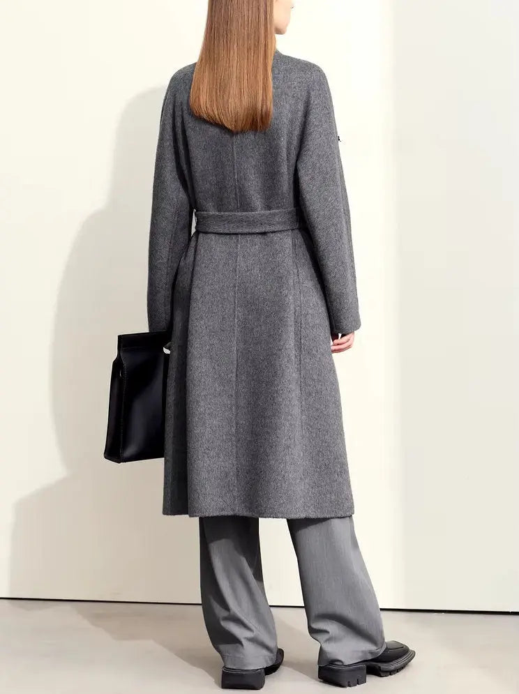 Women's Appliqued Belted Wool Coat in Gray Branna Couture