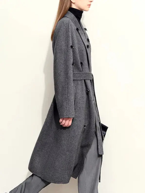 Women's Appliqued Belted Wool Coat in Gray Branna Couture