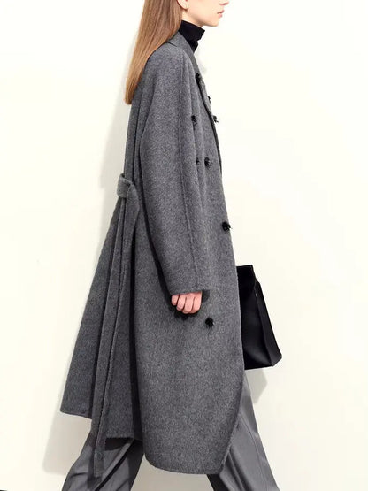 Women's Appliqued Belted Wool Coat in Gray Branna Couture