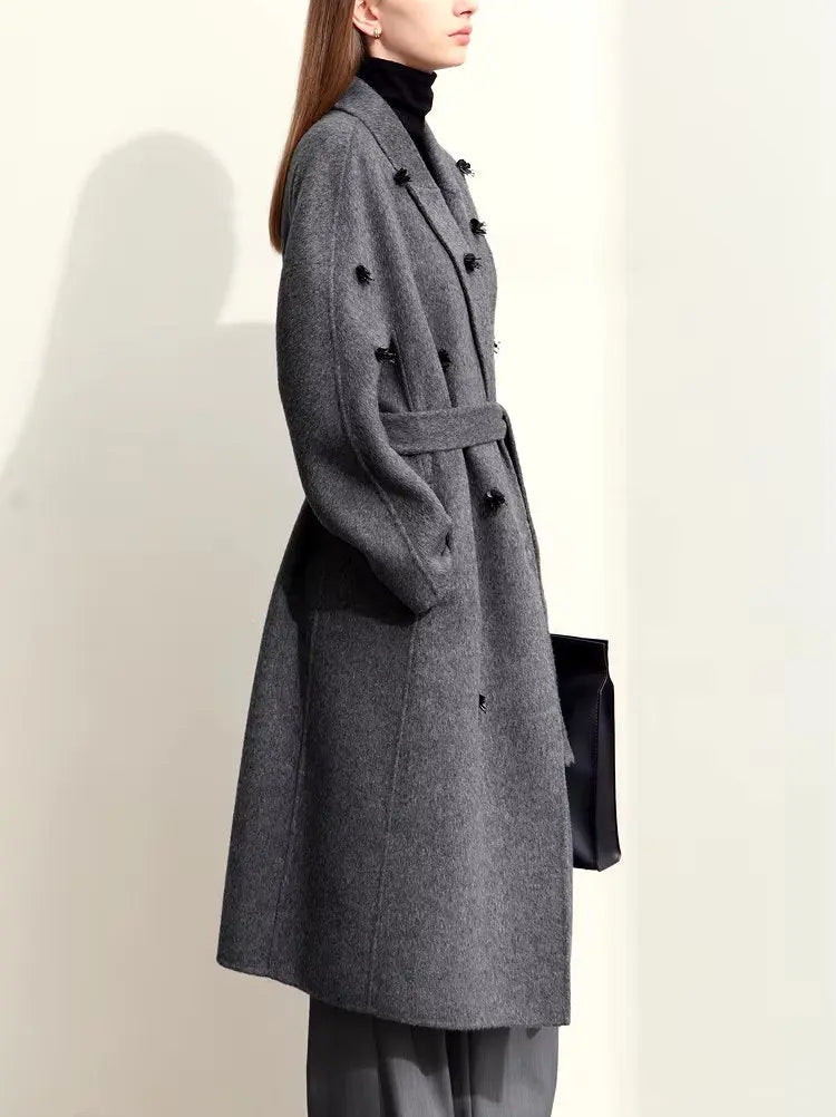 Women's Appliqued Belted Wool Coat in Gray Branna Couture