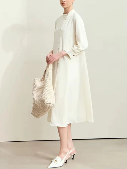 Women's Asymmetric-Closure Tie Waist Shirt Midi Dress in Cream Branna Couture