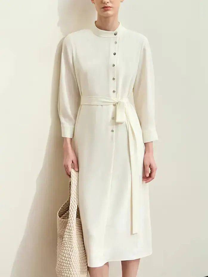 Asymmetric-Closure Tie Waist Shirt Midi Dress in Cream Branna Couture