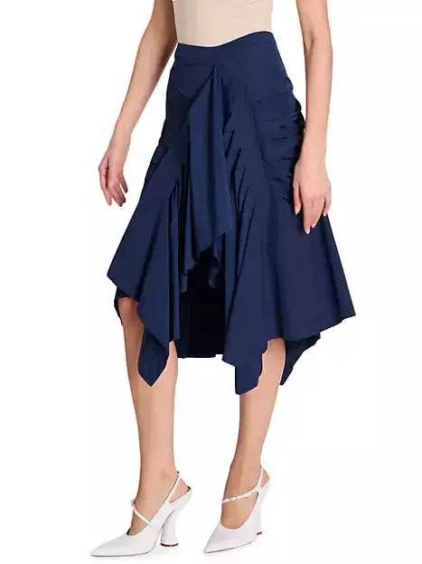 Women's Asymmetric Pleated Midi Skirt in Navy Branna Couture