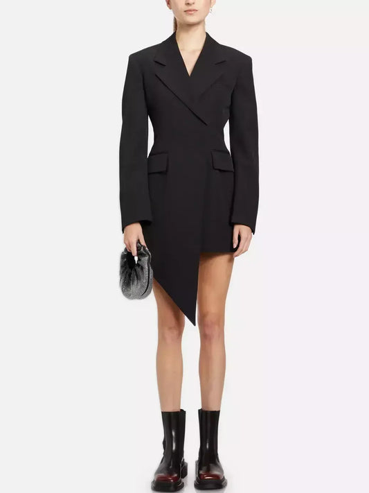 Women's Asymmetrical Black Wool-Blend Blazer Mini Dress Branna Couture