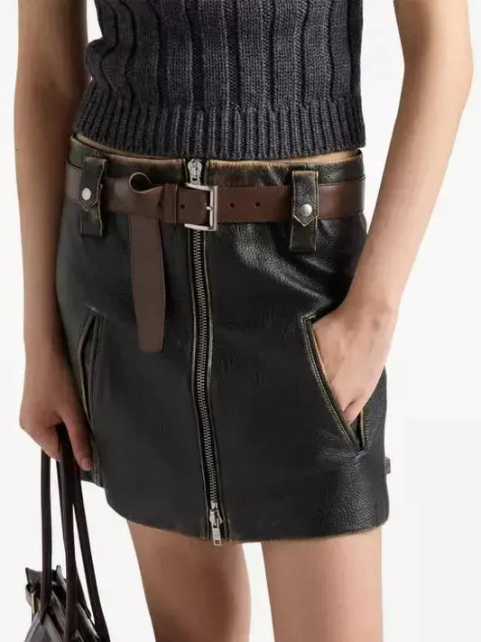 Women's Belted Black Leather Zip Mini Skirt Branna Couture