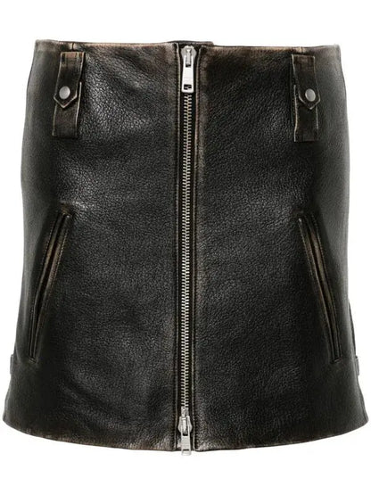 Women's Belted Black Leather Zip Mini Skirt Branna Couture