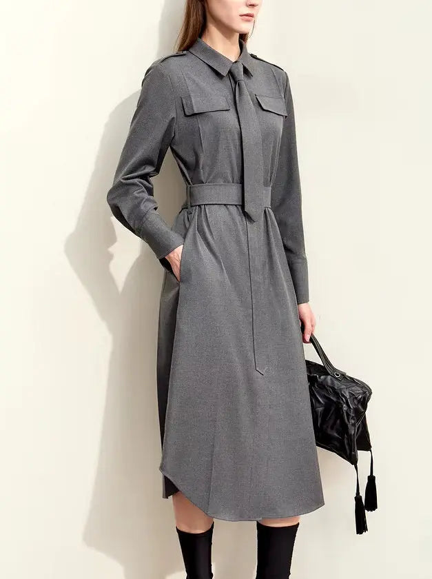 Women's Belted Military Style Shirt Dress with Tie Branna Couture