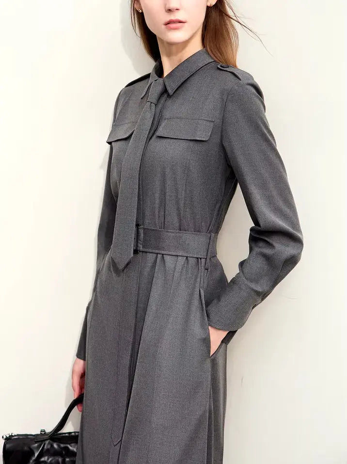 Women's Belted Military Style Shirt Dress with Tie Branna Couture