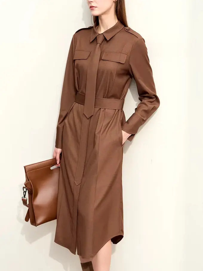 Women's Belted Military Style Shirt Dress with Tie Branna Couture