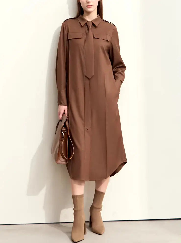 Women's Belted Military Style Shirt Dress with Tie Branna Couture