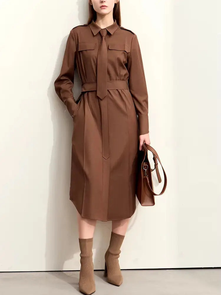 Women's Belted Military Style Shirt Dress with Tie Branna Couture