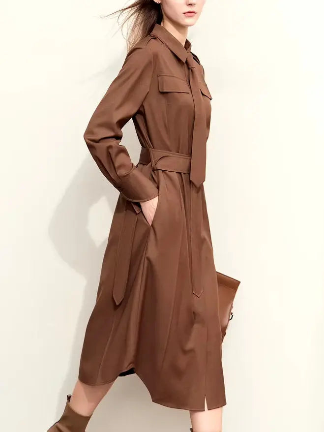 Women's Belted Military Style Shirt Dress with Tie Branna Couture