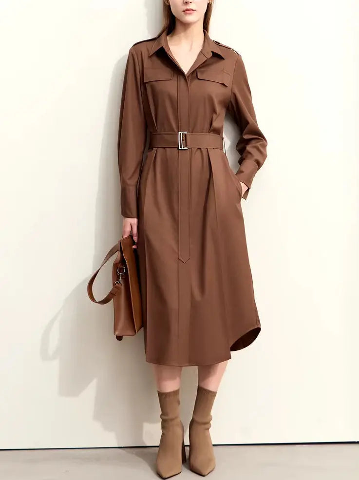 Women's Belted Military Style Shirt Dress with Tie Branna Couture