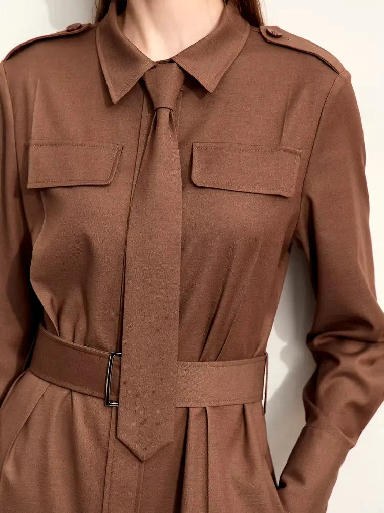 Women's Belted Military Style Shirt Dress with Tie Branna Couture