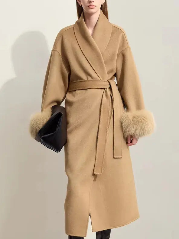 Women's Belted Wrap Wool Coat with Detachable Fox Fur Cuffs in Camel Branna Couture