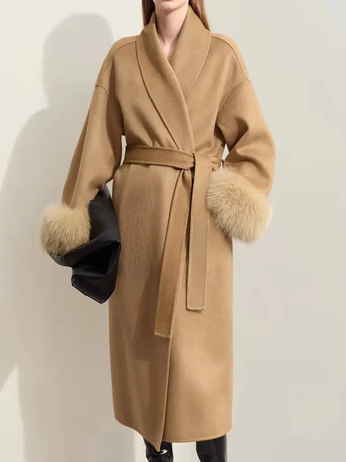 Women's Belted Wrap Wool Coat with Detachable Fox Fur Cuffs in Camel Branna Couture