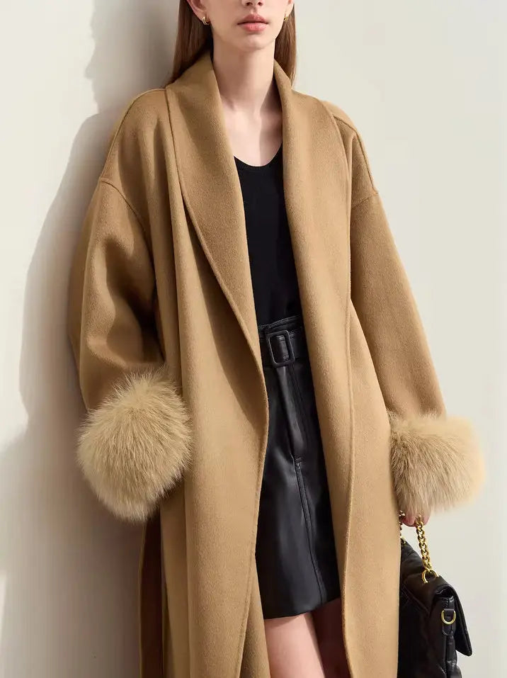 Women's Belted Wrap Wool Coat with Detachable Fox Fur Cuffs in Camel Branna Couture