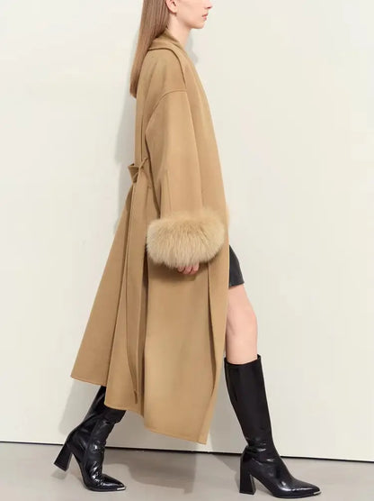 Women's Belted Wrap Wool Coat with Detachable Fox Fur Cuffs in Camel Branna Couture