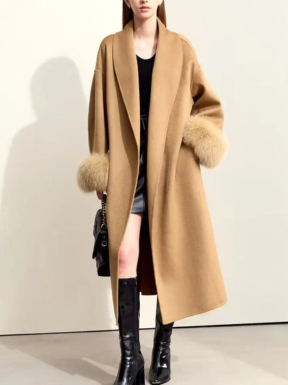 Women's Belted Wrap Wool Coat with Detachable Fox Fur Cuffs in Camel Branna Couture