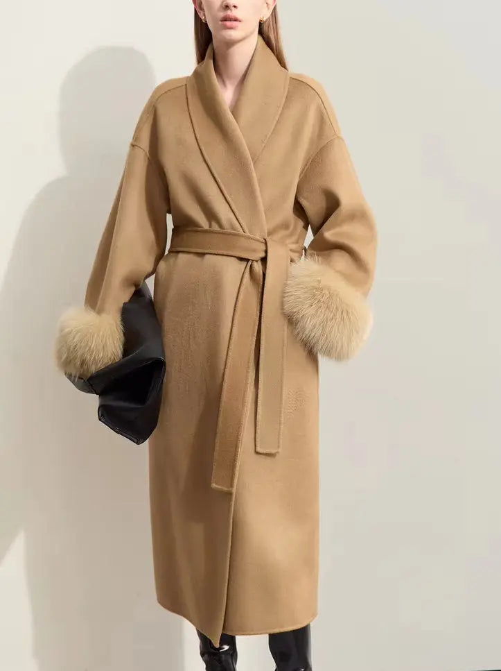 Women's Belted Wrap Wool Coat with Detachable Fox Fur Cuffs in Camel Branna Couture