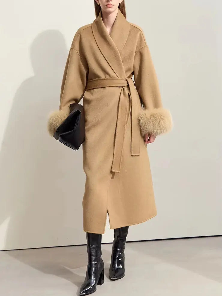 Women's Belted Wrap Wool Coat with Detachable Fox Fur Cuffs in Camel Branna Couture