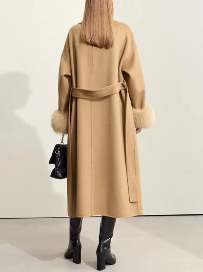 Women's Belted Wrap Wool Coat with Detachable Fox Fur Cuffs in Camel Branna Couture