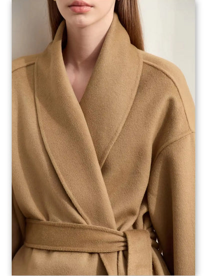 Women's Belted Wrap Wool Coat with Detachable Fox Fur Cuffs in Camel Branna Couture