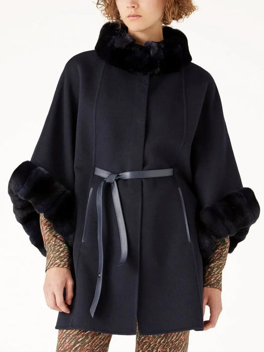 Women's Black Leather-Belted Fur-Trim Cashmere Cape Coat Branna Couture