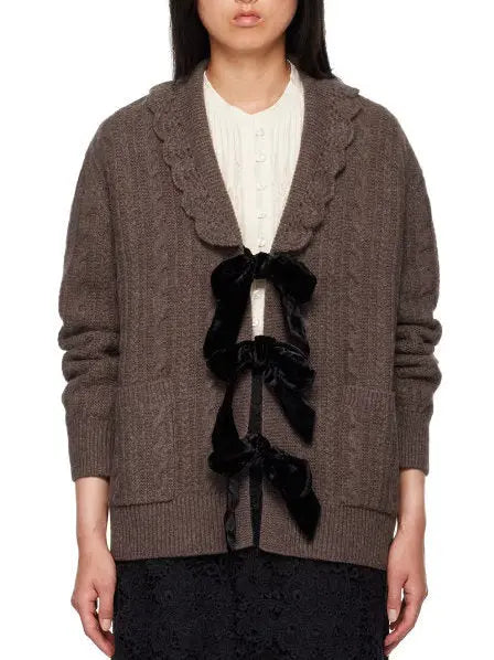 Women’s Brown Wool Cardigan with Velvet Bow Tie Closure Branna Couture