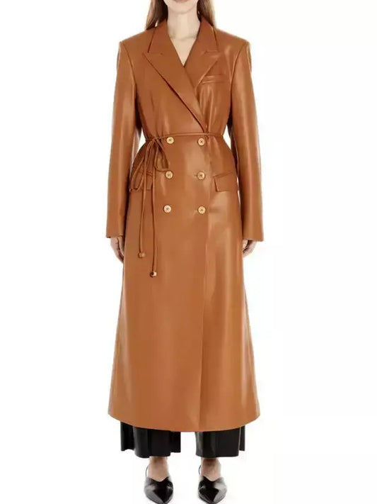 Women's Double-Breasted Vegan Leather Coat with Tie-Waist in Tan Branna Couture