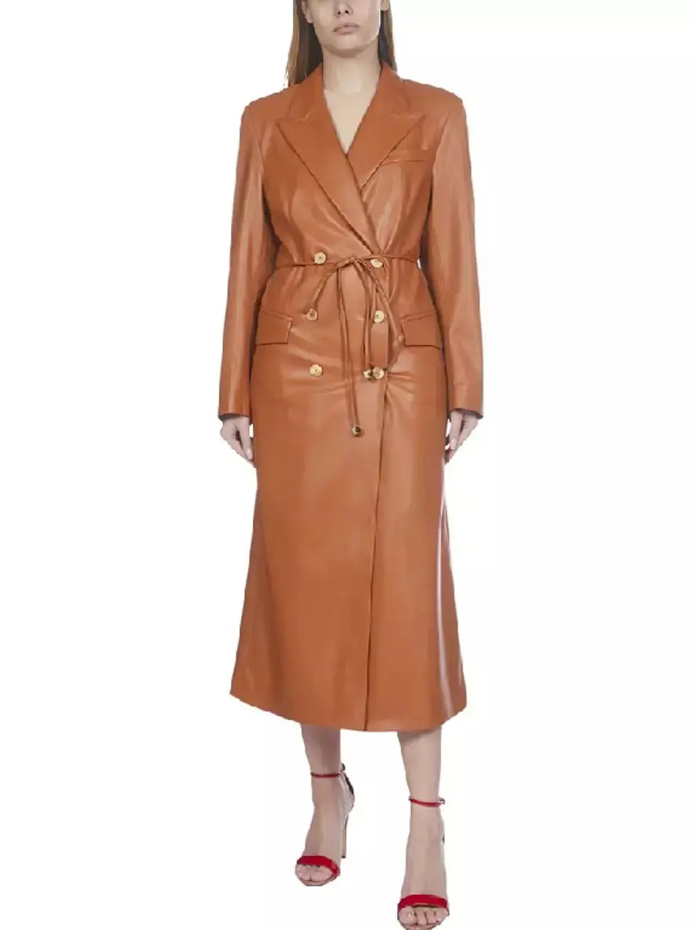 Women's Double-Breasted Vegan Leather Coat with Tie-Waist in Tan Branna Couture