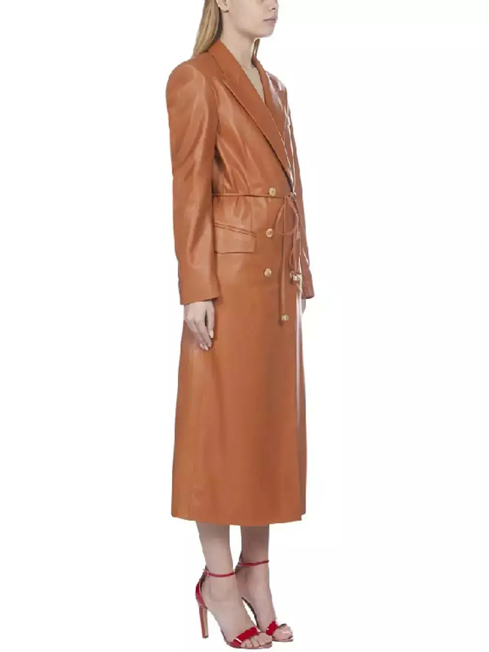 Women's Double-Breasted Vegan Leather Coat with Tie-Waist in Tan Branna Couture